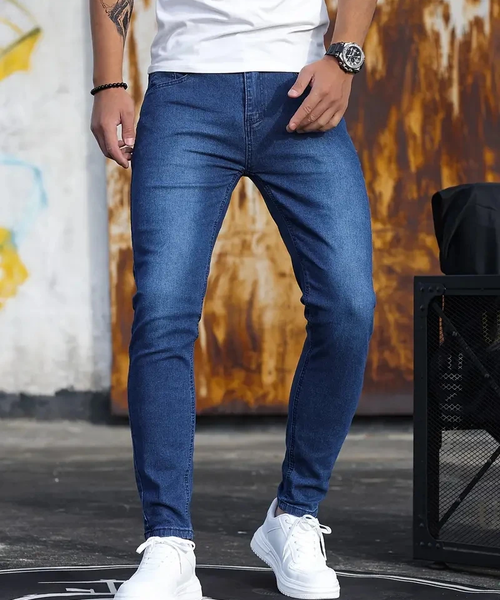 Man Pants Retro Washing Zipper Stretch Jeans Casual Slim Fit Trousers