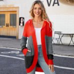 Women Casual Mid-Length Hooded Knit Cardigan Jacket, Size: M(Orange