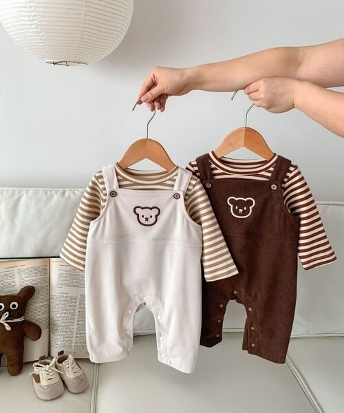 Infant Baby Bear Head Corduroy Combo Overalls In Sets