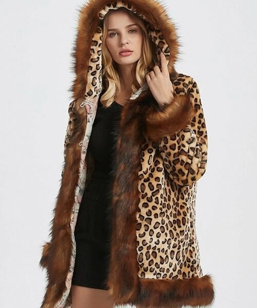 Womens Leopard Print Hooded Faux Fur Collar Jacket
